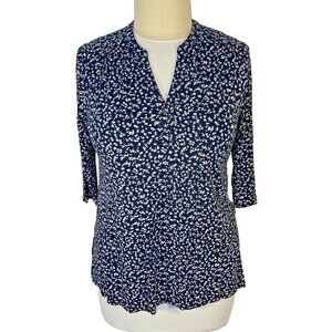 J. Jill - Tunic Tee Women's L Navy White Tiny Floral 1 Button V-Neck 3/4 Sleeve